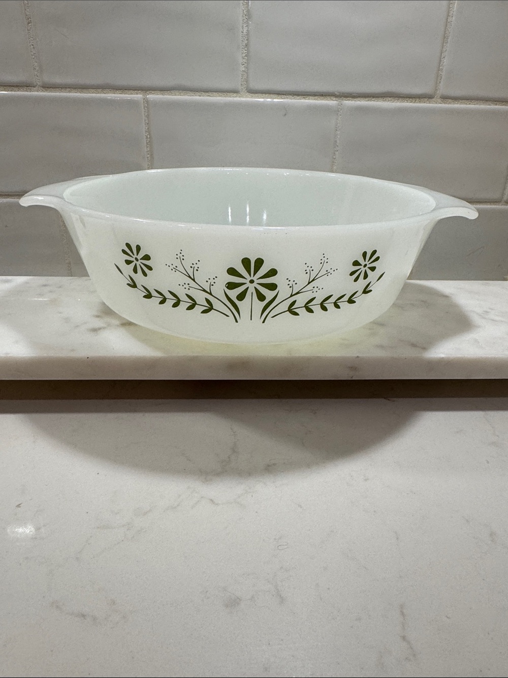 Vintage Glasbake White Milk Glass Serving Bowl with Green Daisy Floral Pattern